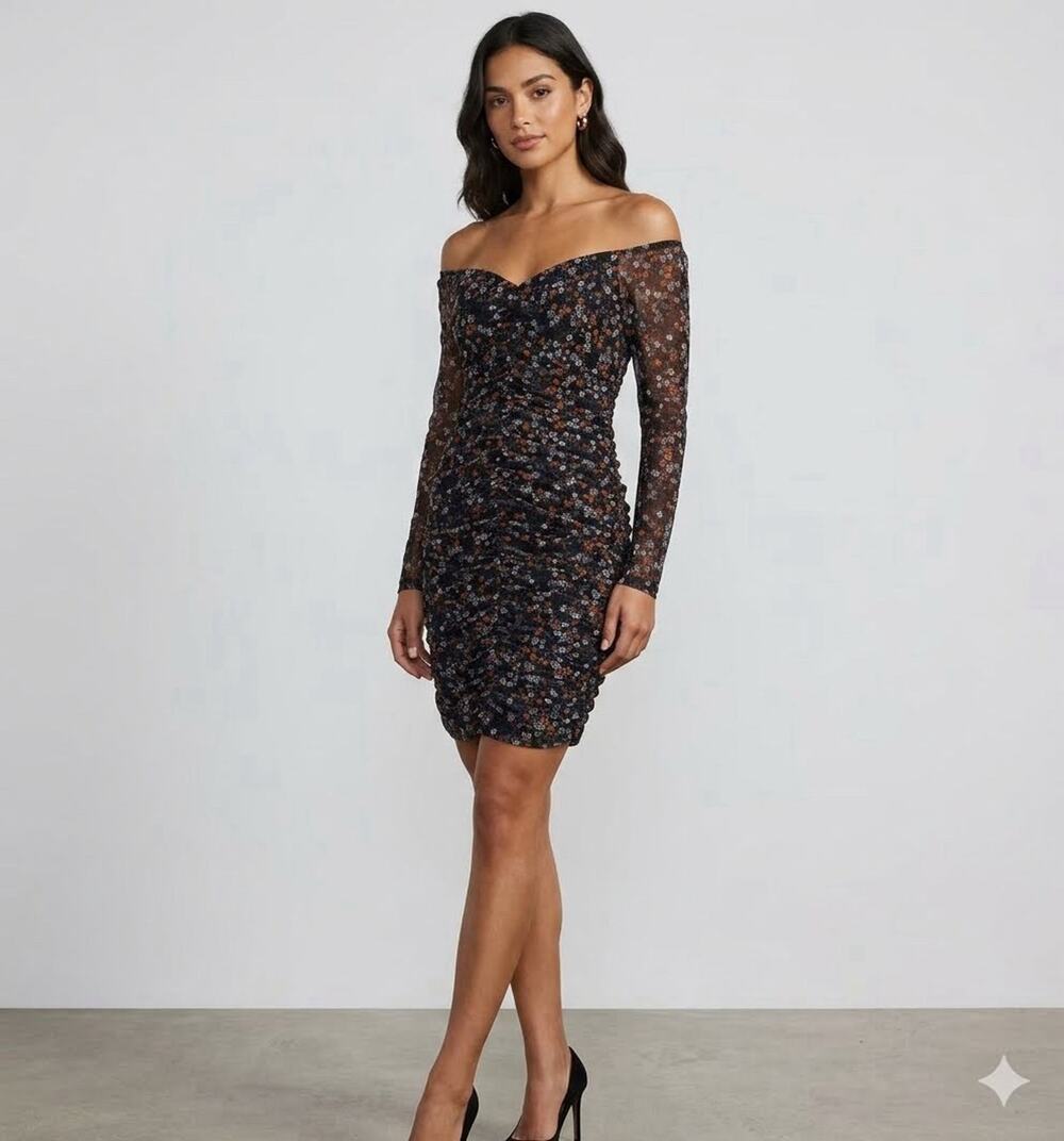 NWT BCBGeneration Floral Mesh Ruched Dress Black Long Sleeve Coquette Mini Sz 12